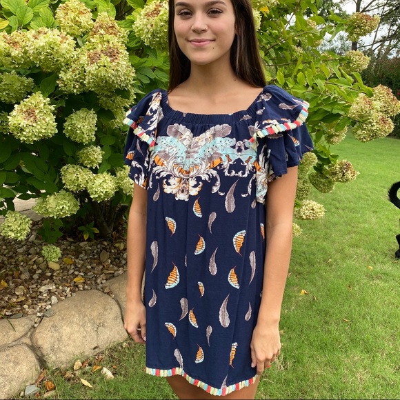 Umgee BoHo Feather Print Fringe Trim Tunic…2021 - Picture 3 of 8